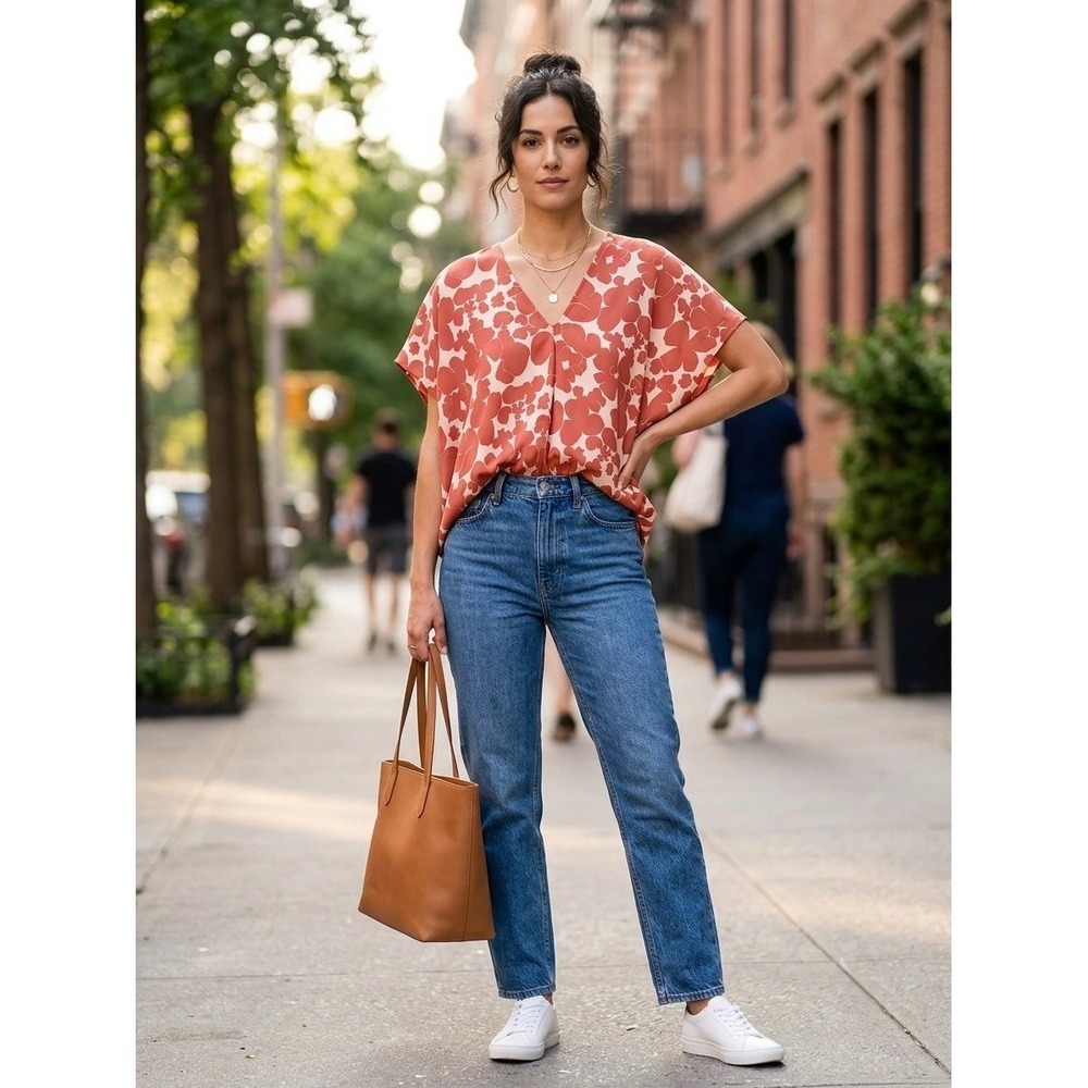 HATCH Collection Red Floral V-Neck Dolman Sleeve Oversized Blouse Top O/S
